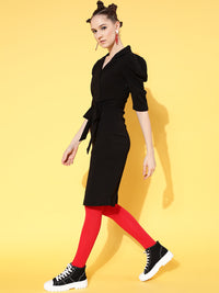 Thumbnail for Lyush Women's Black Cotton Wrap Midi Bodycon Dress - Distacart