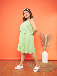 Thumbnail for Lyush Women Green Polka Dot Accordion Pleated Layered Dress - Distacart