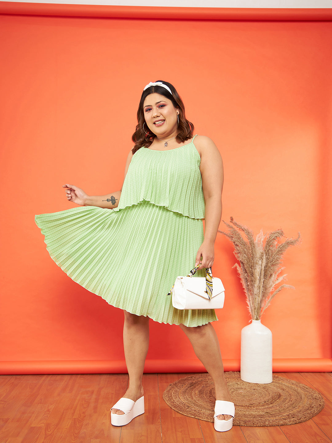 Lyush Women Green Polka Dot Accordion Pleated Layered Dress - Distacart