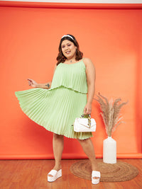 Thumbnail for Lyush Women Green Polka Dot Accordion Pleated Layered Dress - Distacart