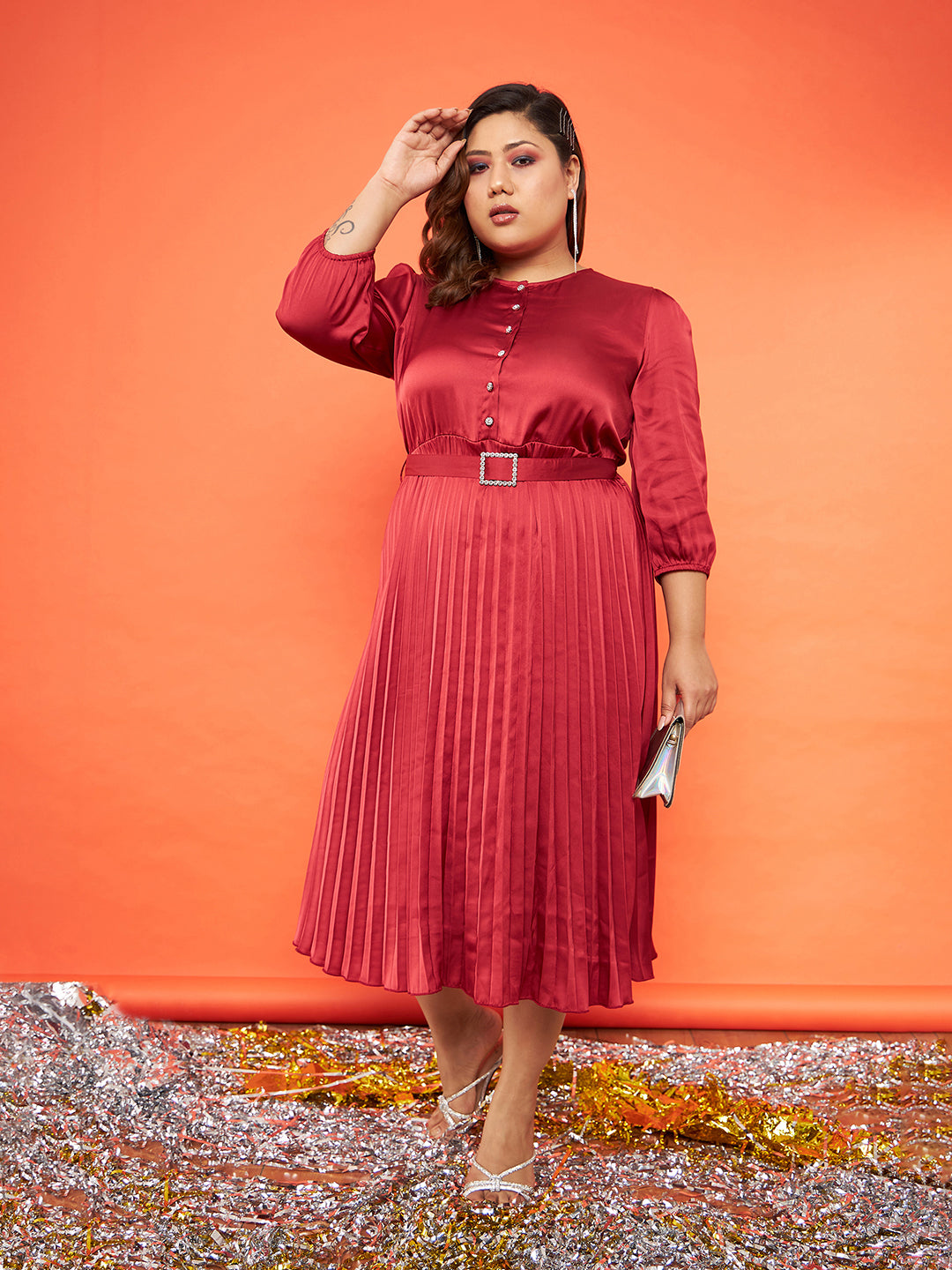 Lyush Women Red Satin Accordion Pleated Belted Midi Dress - Distacart