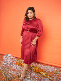 Thumbnail for Lyush Women Red Satin Accordion Pleated Belted Midi Dress - Distacart