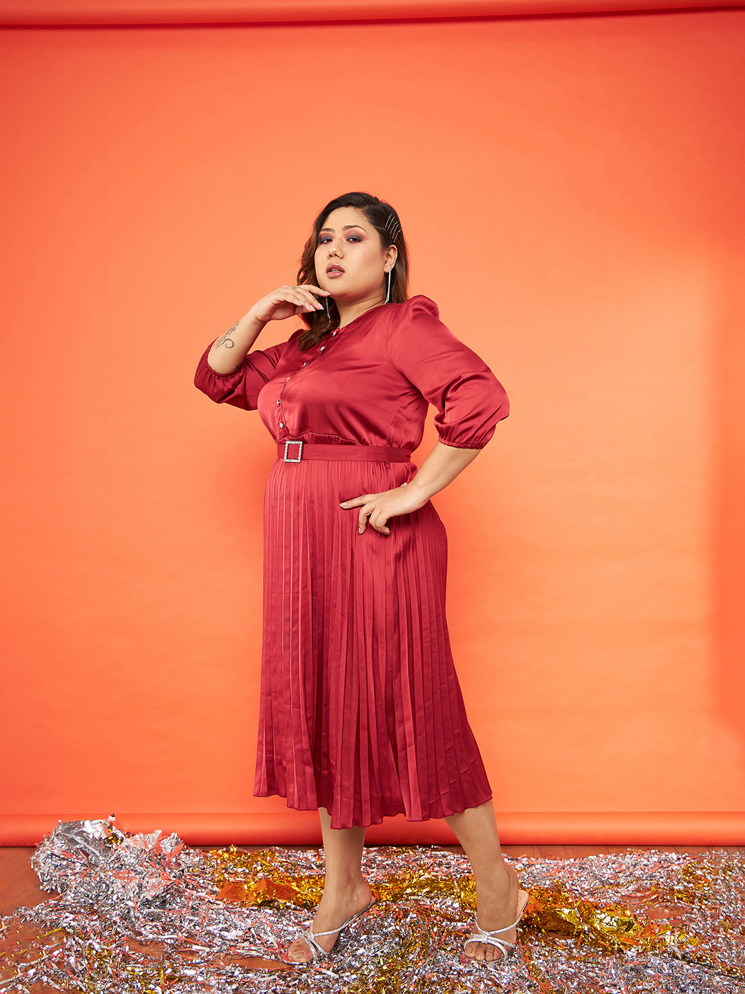 Lyush Women Red Satin Accordion Pleated Belted Midi Dress - Distacart