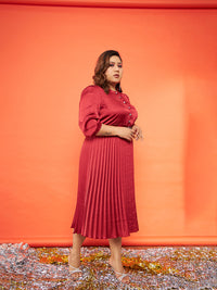 Thumbnail for Lyush Women Red Satin Accordion Pleated Belted Midi Dress - Distacart