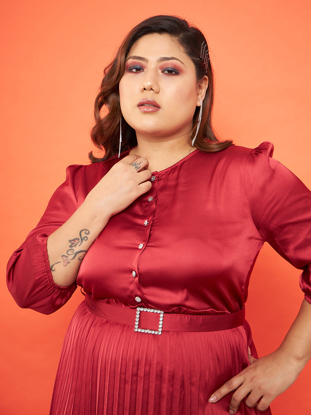 Lyush Women Red Satin Accordion Pleated Belted Midi Dress - Distacart