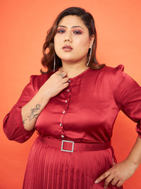 Thumbnail for Lyush Women Red Satin Accordion Pleated Belted Midi Dress - Distacart