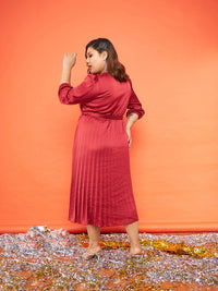 Thumbnail for Lyush Women Red Satin Accordion Pleated Belted Midi Dress - Distacart