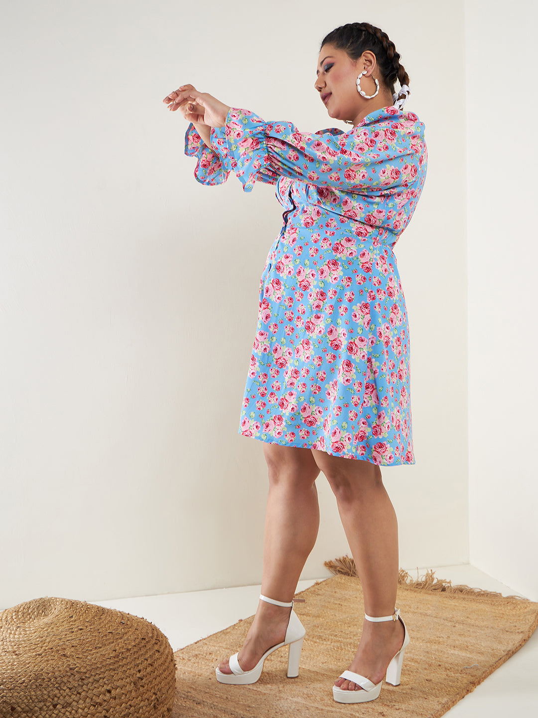 Lyush Women Blue Floral Empire Waistband Front Button Dress - Distacart