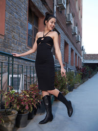 Thumbnail for Lyush Women Black Rib Tie Back Halter Bodycon Dress - Distacart