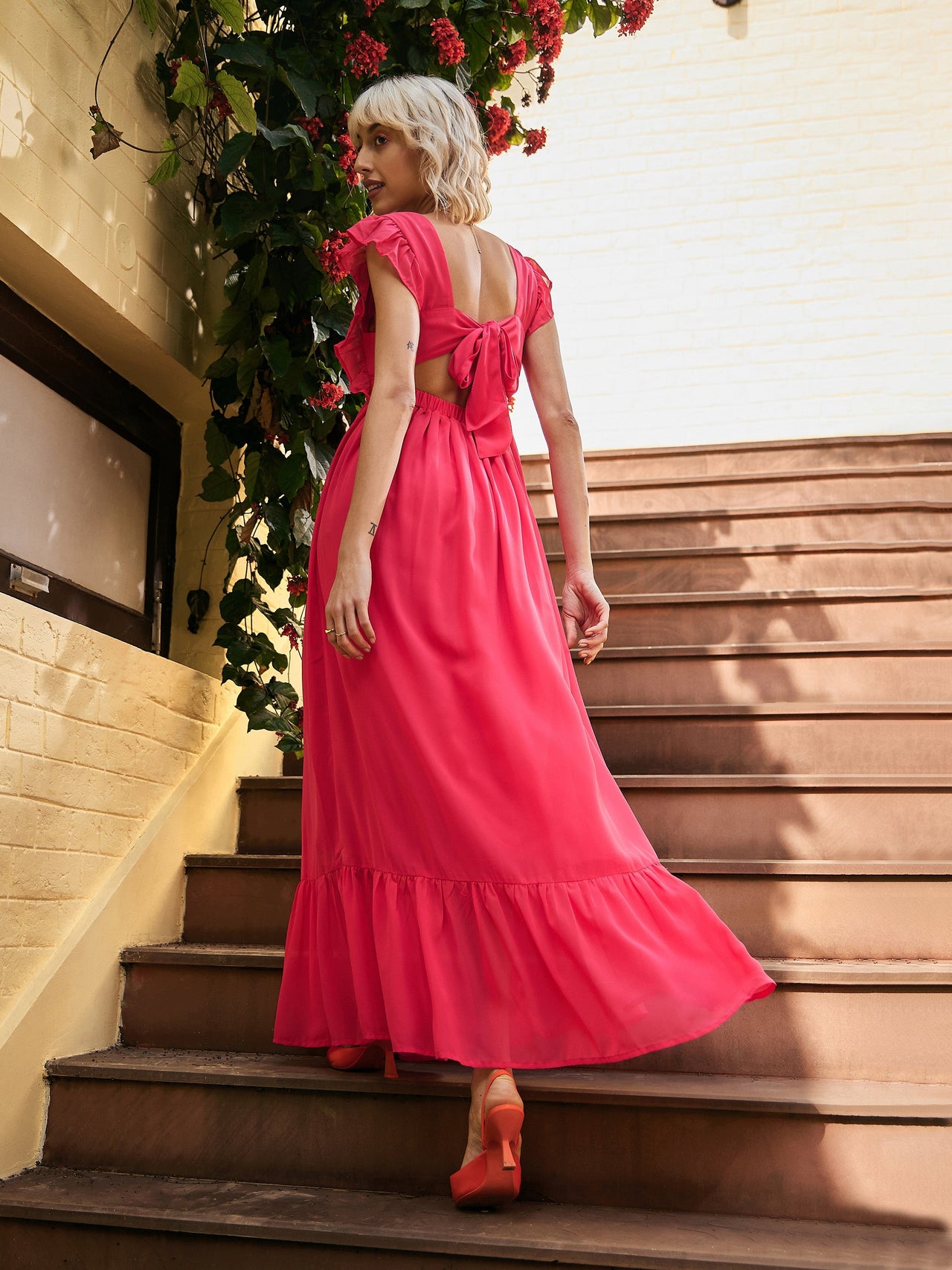 Lyush Women Fuchsia Square Neck Frill Hem Maxi Dress - Distacart