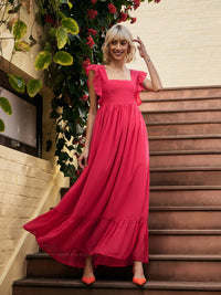 Thumbnail for Lyush Women Fuchsia Square Neck Frill Hem Maxi Dress - Distacart