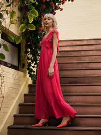 Thumbnail for Lyush Women Fuchsia Square Neck Frill Hem Maxi Dress - Distacart