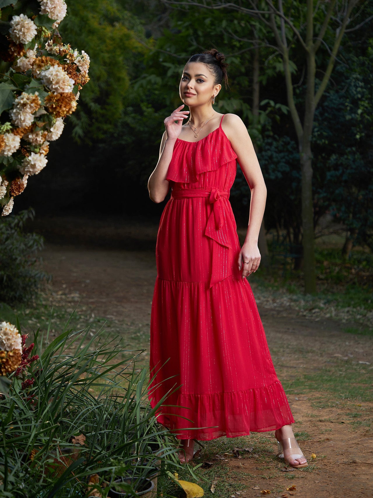 Lyush Women Red Chiffon Lurex Strappy Ruffle Maxi Dress - Distacart