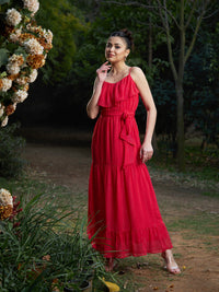 Thumbnail for Lyush Women Red Chiffon Lurex Strappy Ruffle Maxi Dress - Distacart