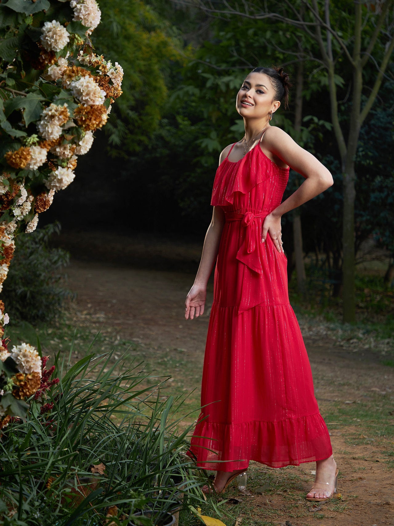 Lyush Women Red Chiffon Lurex Strappy Ruffle Maxi Dress - Distacart