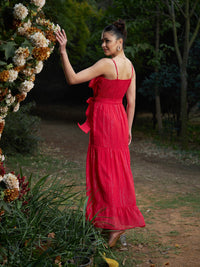 Thumbnail for Lyush Women Red Chiffon Lurex Strappy Ruffle Maxi Dress - Distacart