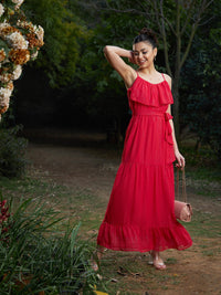 Thumbnail for Lyush Women Red Chiffon Lurex Strappy Ruffle Maxi Dress - Distacart