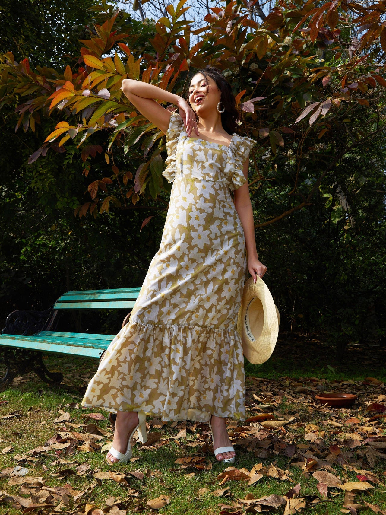 Lyush Women Olive Floral Back Tie-Knot Detail Maxi Dress - Distacart