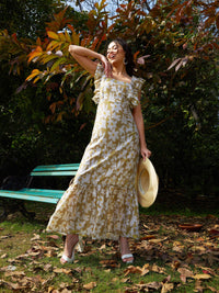 Thumbnail for Lyush Women Olive Floral Back Tie-Knot Detail Maxi Dress - Distacart
