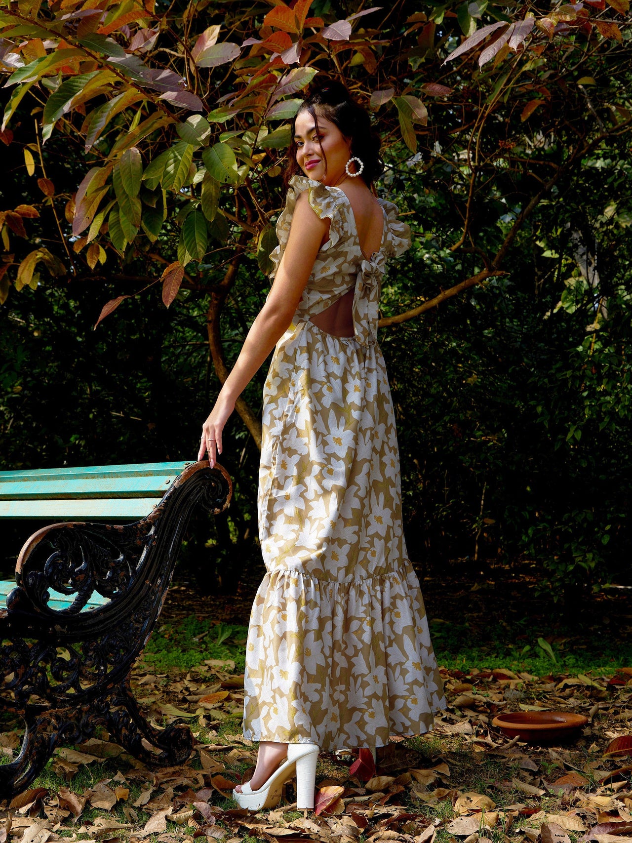 Lyush Women Olive Floral Back Tie-Knot Detail Maxi Dress - Distacart