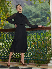 Thumbnail for Lyush Women Black Tie-Up Neck Accordion Pleated Dress - Distacart
