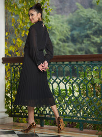 Thumbnail for Lyush Women Black Tie-Up Neck Accordion Pleated Dress - Distacart