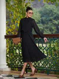 Thumbnail for Lyush Women Black Tie-Up Neck Accordion Pleated Dress - Distacart