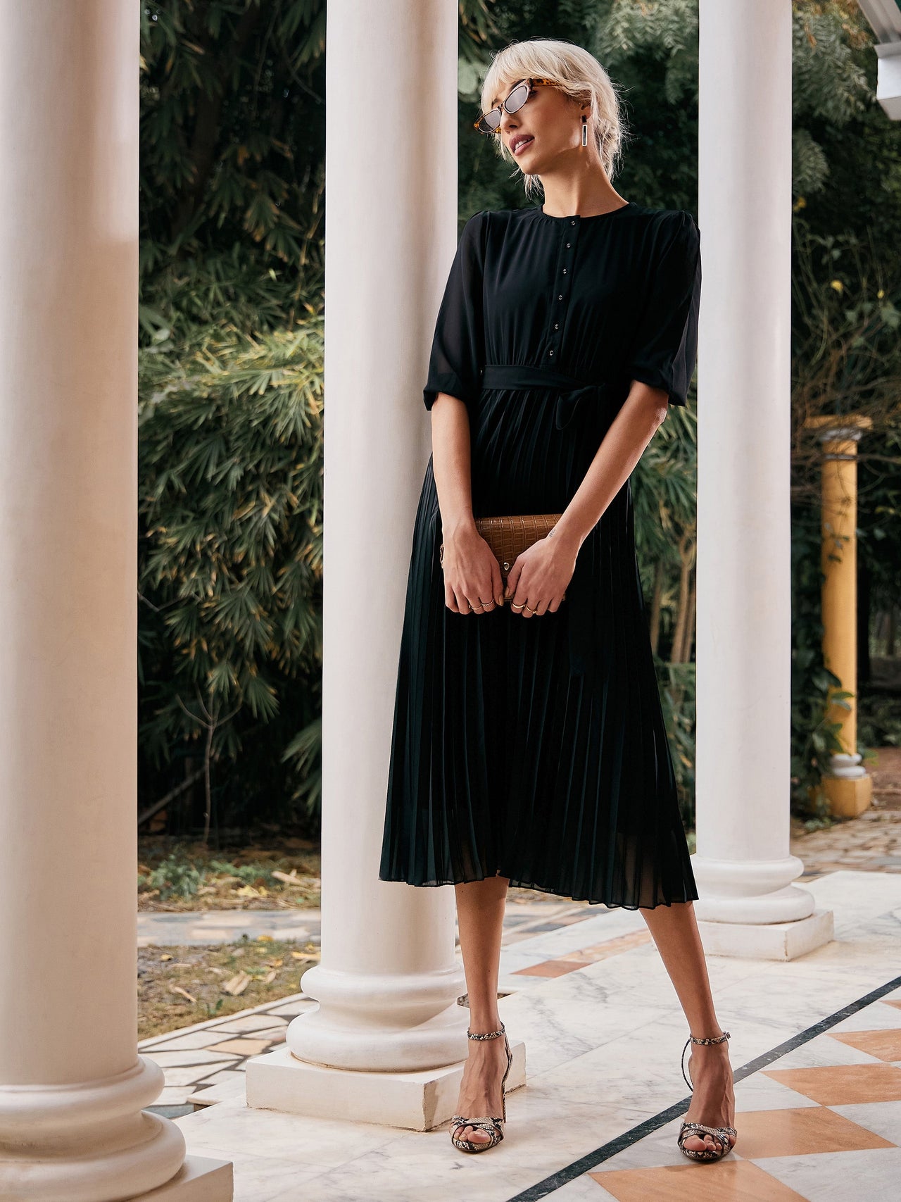 Lyush Women Black Accordion Pleated Belted Midi Dress - Distacart