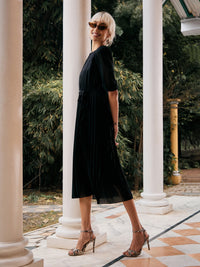 Thumbnail for Lyush Women Black Accordion Pleated Belted Midi Dress - Distacart