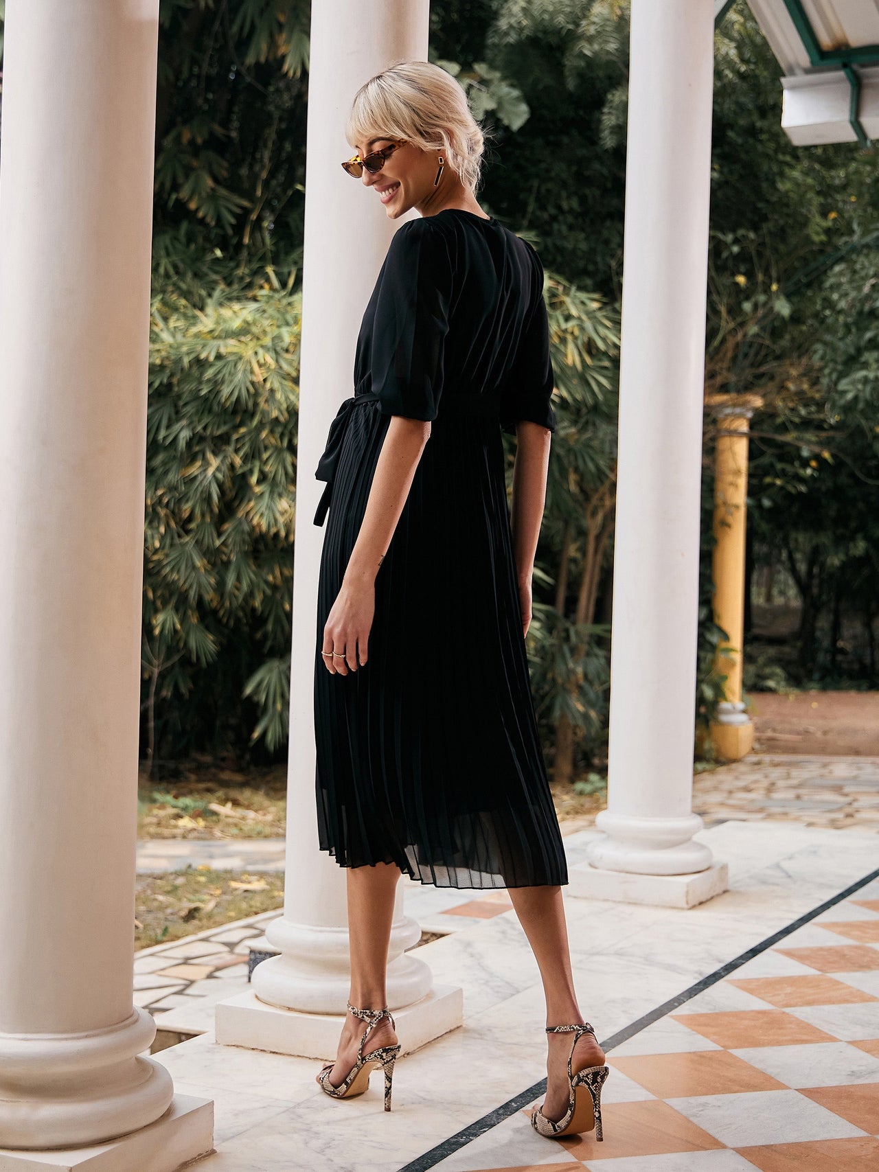 Lyush Women Black Accordion Pleated Belted Midi Dress - Distacart