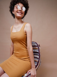 Thumbnail for Lyush Women Brown Rib Square Neck Midi Dress - Distacart