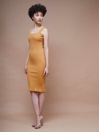 Thumbnail for Lyush Women Brown Rib Square Neck Midi Dress - Distacart