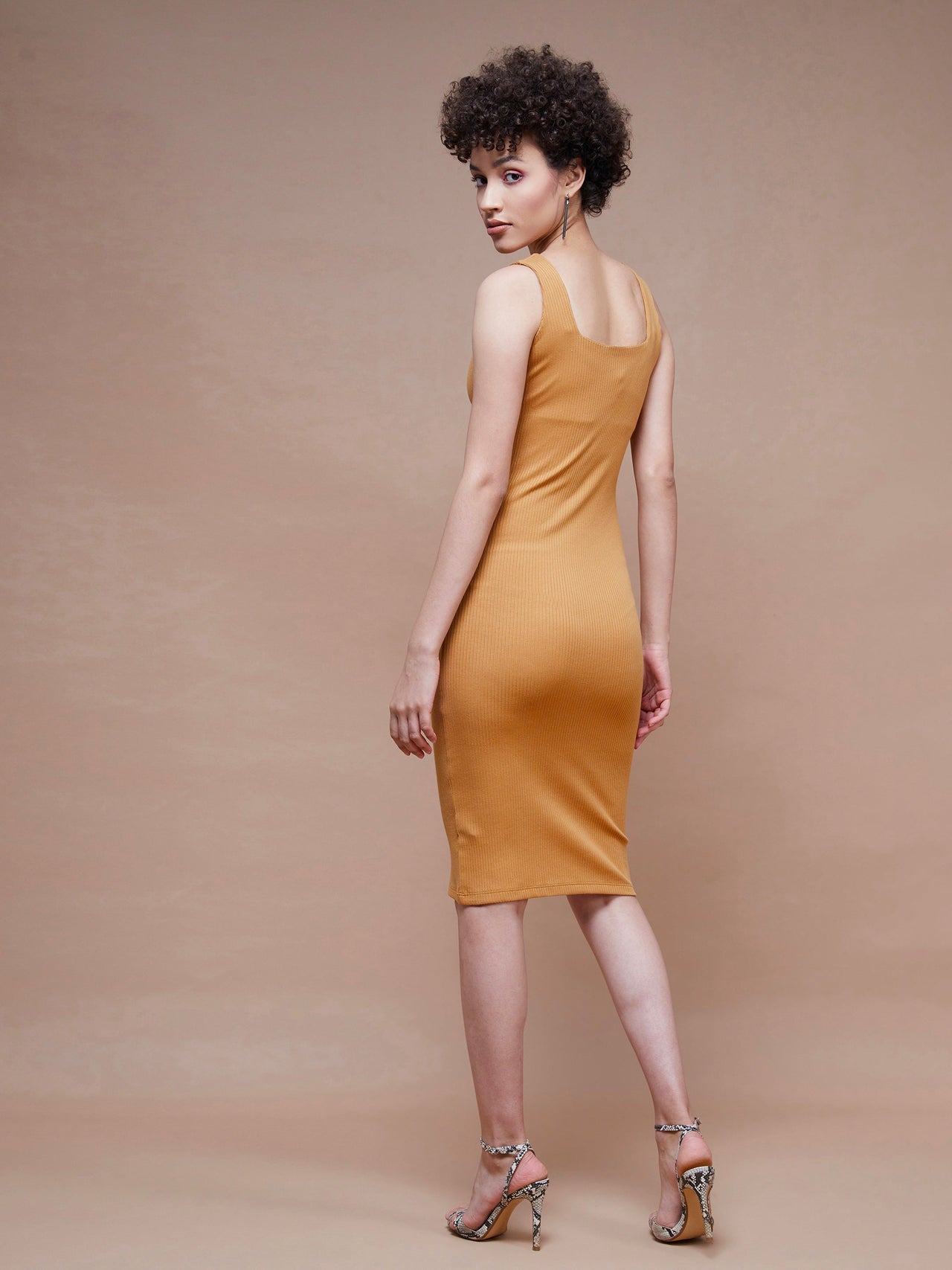 Lyush Women Brown Rib Square Neck Midi Dress - Distacart