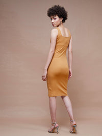 Thumbnail for Lyush Women Brown Rib Square Neck Midi Dress - Distacart