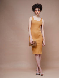 Thumbnail for Lyush Women Brown Rib Square Neck Midi Dress - Distacart