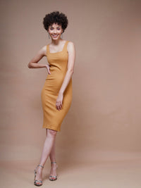 Thumbnail for Lyush Women Brown Rib Square Neck Midi Dress - Distacart