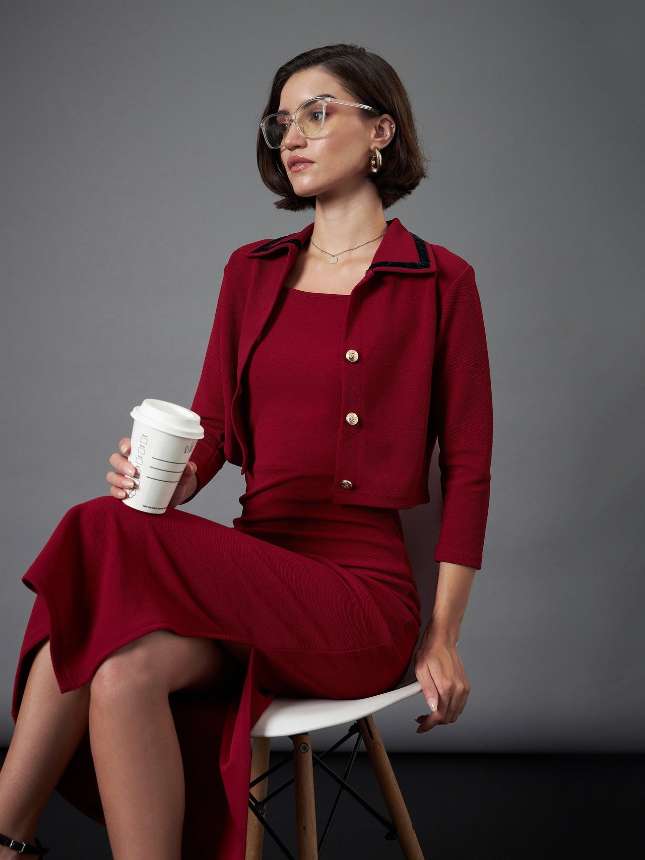 Lyush Women Maroon Strappy Bodycon Dress With Crop Jacket - Distacart