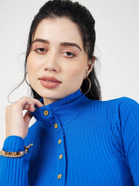 Thumbnail for Lyush Women Royal Blue Rib High Neck Front Button Mini Dress - Distacart