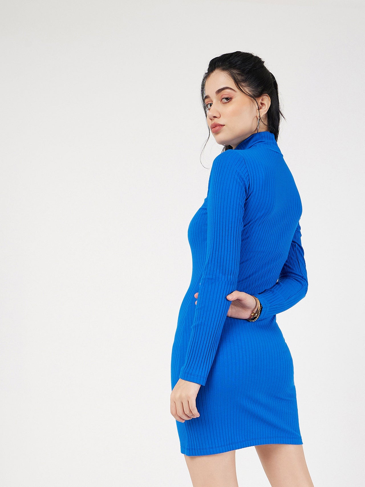 Lyush Women Royal Blue Rib High Neck Front Button Mini Dress - Distacart