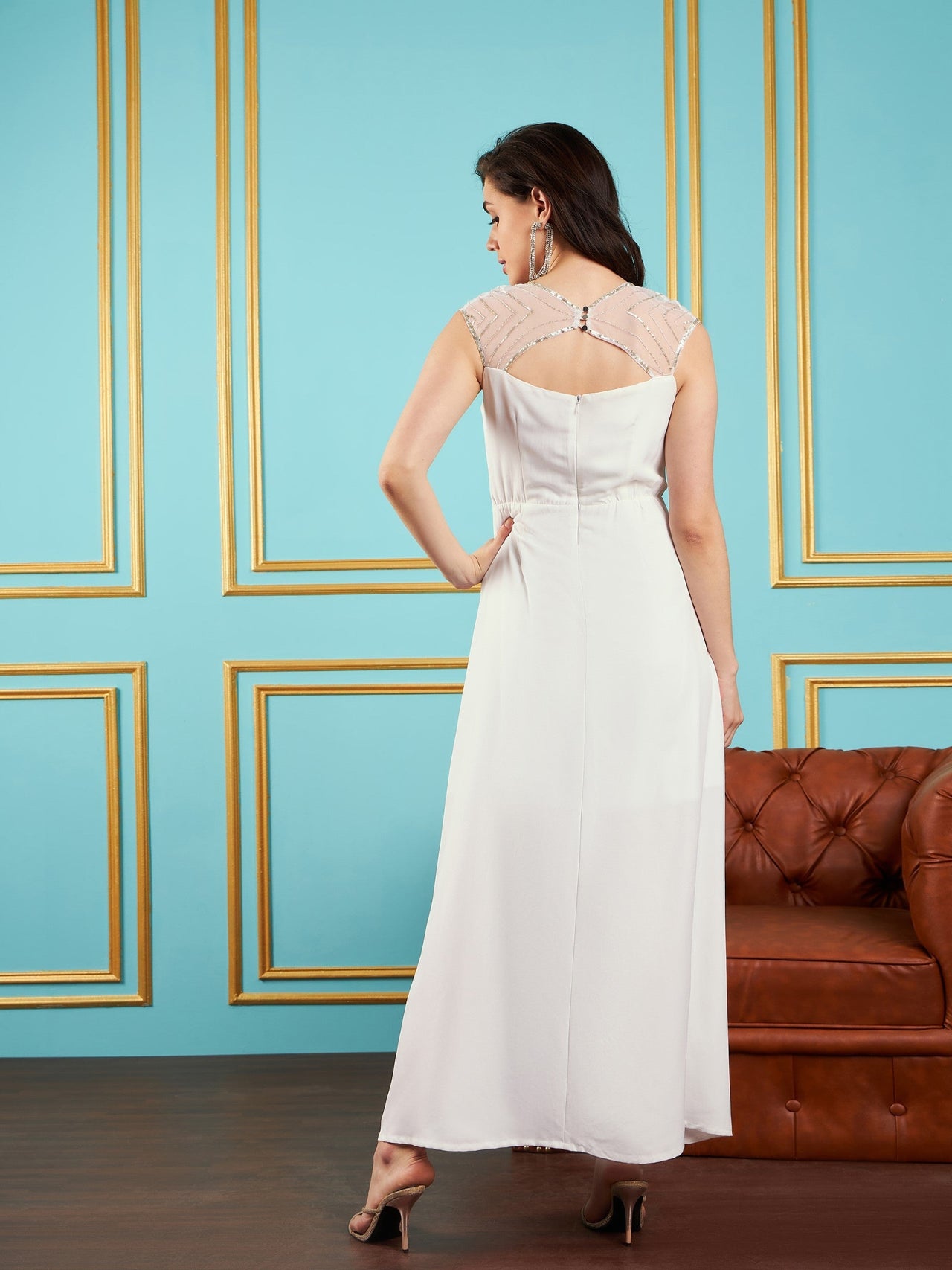 Lyush Women White Embellished Back Cut-Out Maxi Dress - Distacart