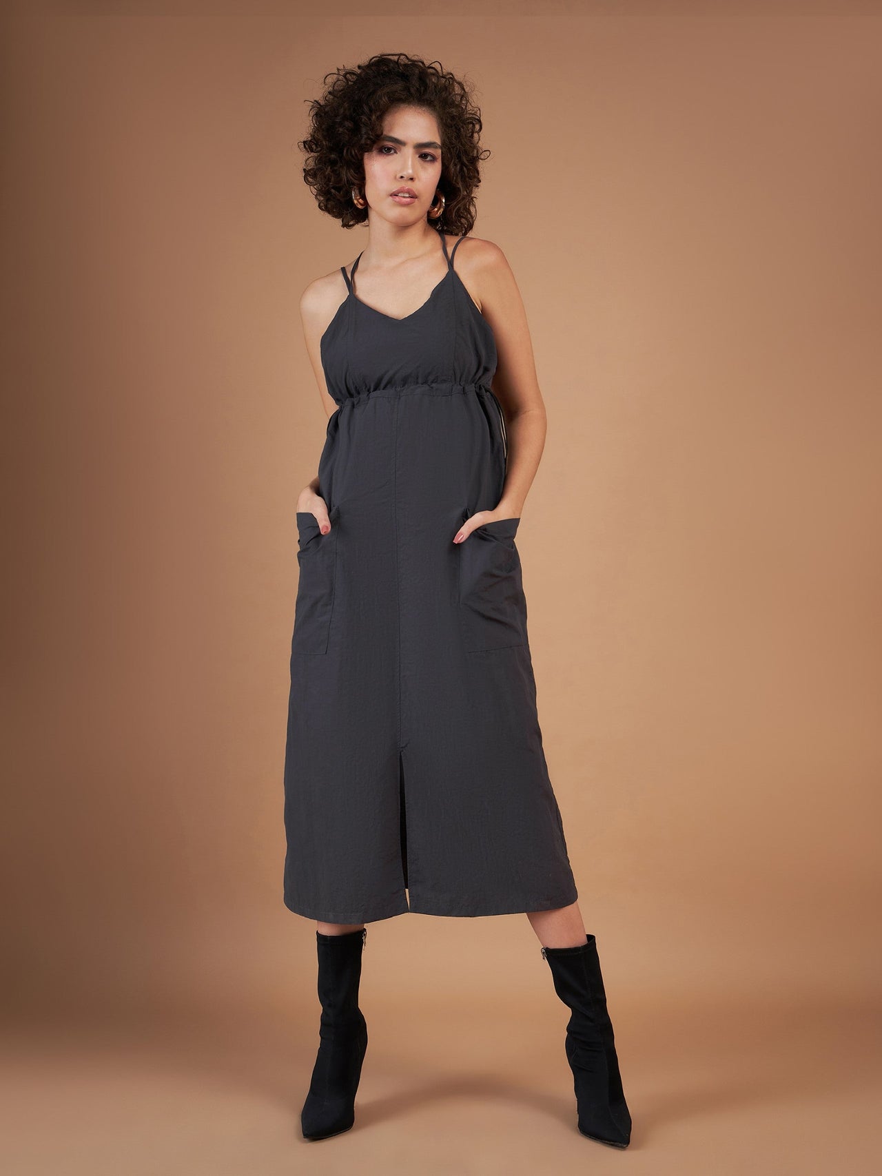 Lyush Women Dark Grey Front Pockets Parachute Dungaree Dress - Distacart