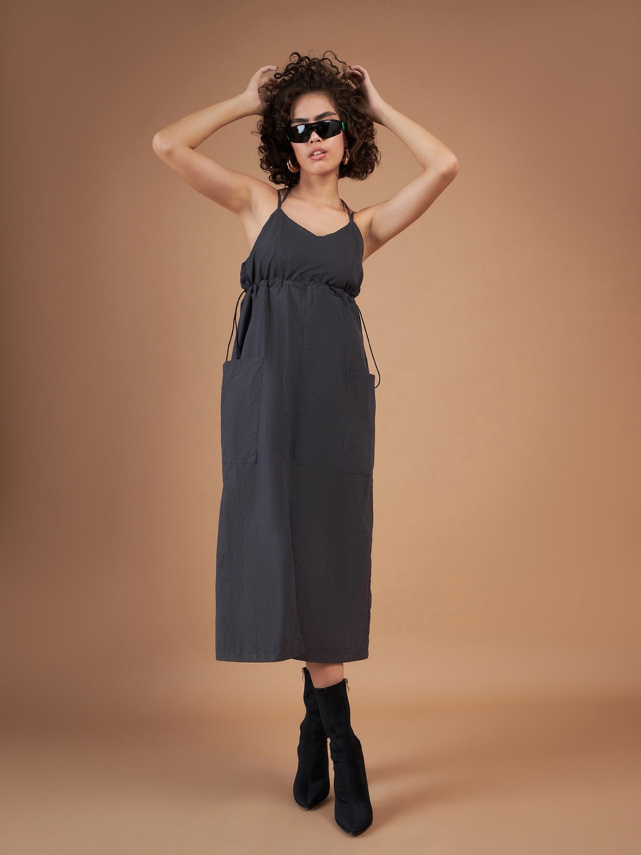 Lyush Women Dark Grey Front Pockets Parachute Dungaree Dress - Distacart