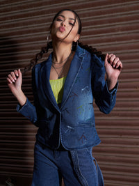 Thumbnail for Lyush Women Blue Denim Paint Strokes Classic Blazer - Distacart