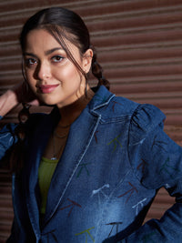 Thumbnail for Lyush Women Blue Denim Paint Strokes Classic Blazer - Distacart