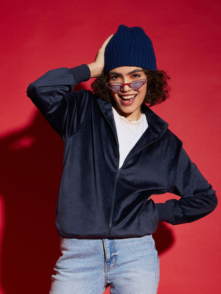 Lyush Women Navy Velour Zipper Jacket - Distacart