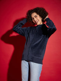 Thumbnail for Lyush Women Navy Velour Zipper Jacket - Distacart