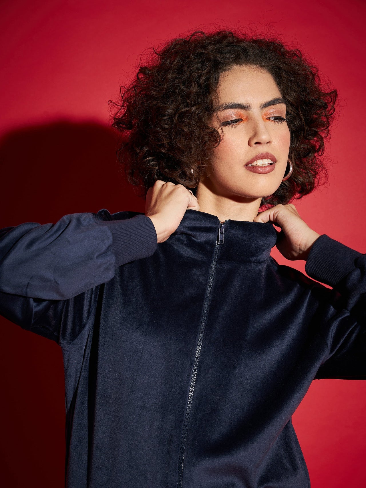 Lyush Women Navy Velour Zipper Jacket - Distacart
