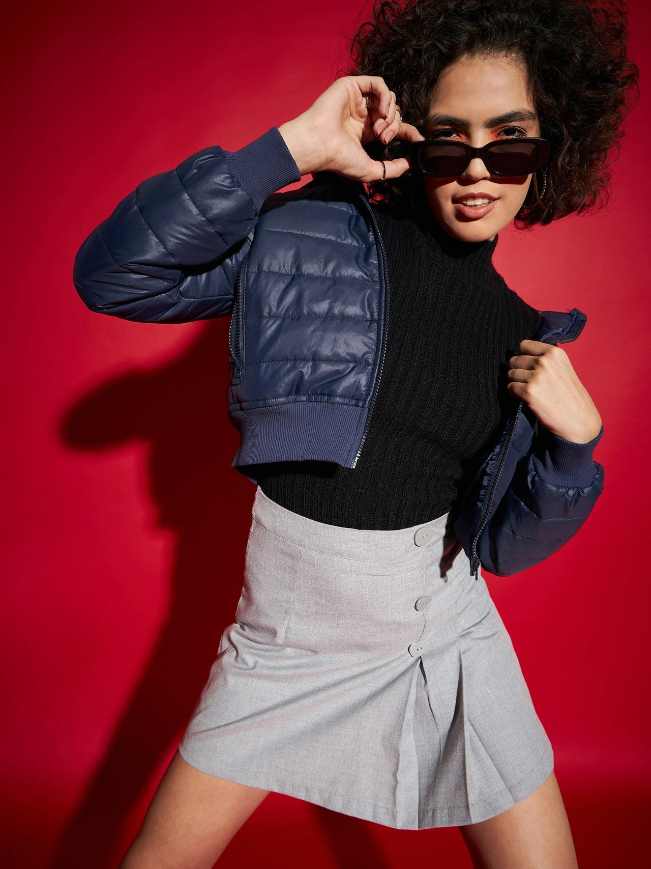 Lyush Women Navy Hooded Crop Bomber Jacket - Distacart