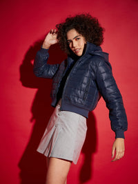 Thumbnail for Lyush Women Navy Hooded Crop Bomber Jacket - Distacart