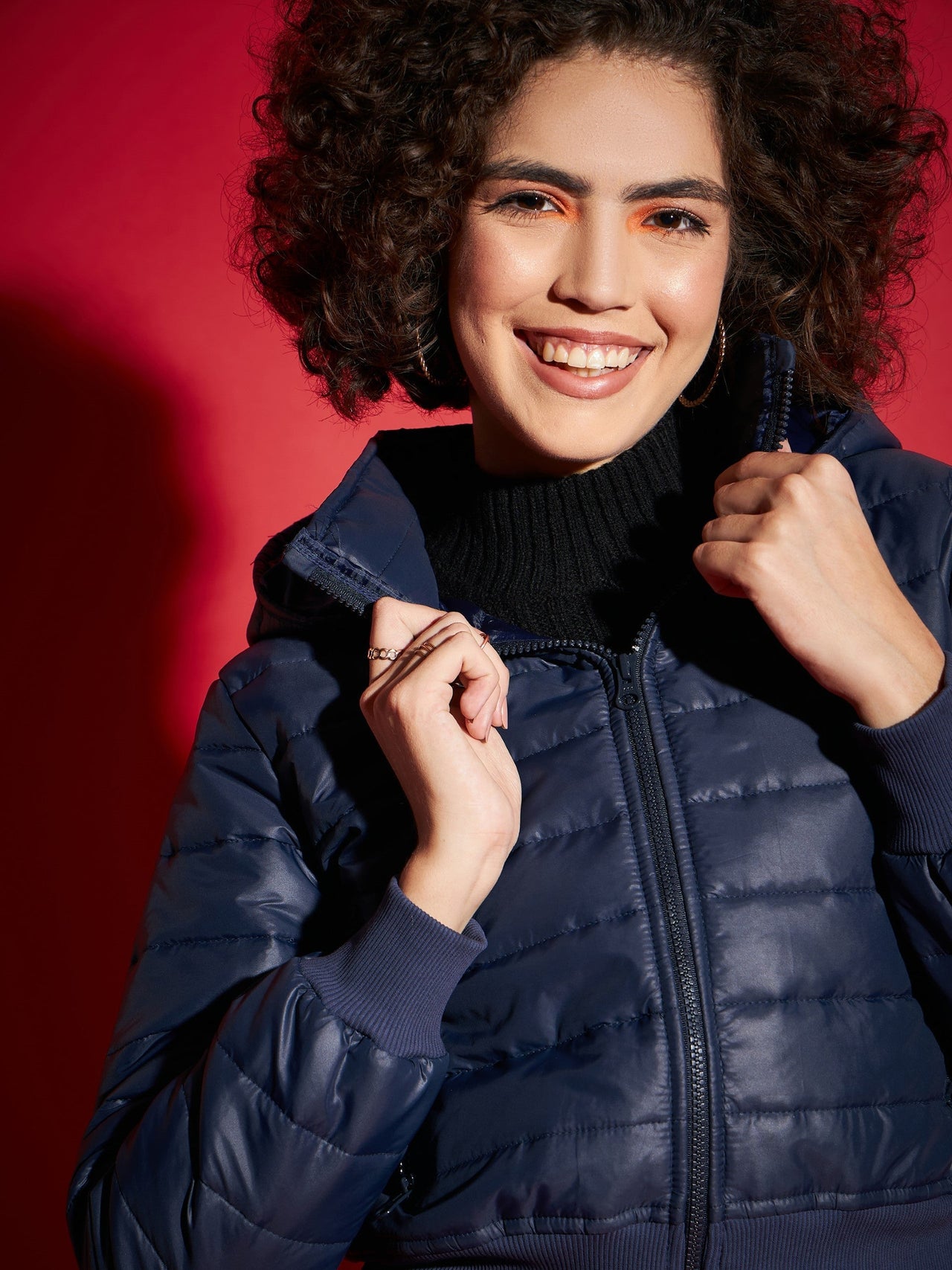 Lyush Women Navy Hooded Crop Bomber Jacket - Distacart